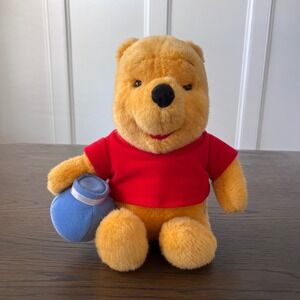 Disney Winnie the Pooh Plush Toy Red Shirt Blue Honey Pot Stuffed Animal
